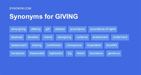 <b>Synonyms</b> for <b>BESTOWING</b>: donating, volunteering, <b>giving</b>, presenting, providing, contributing, awarding, issuing; Antonyms of <b>BESTOWING</b>: holding, retaining, keeping. . Giving synonym